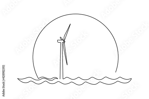 Wind energy in continuous line art drawing style. Offshore wind turbine against big sunset sun. Renewable source of power. Black linear design isolated on white background. Vector illustration