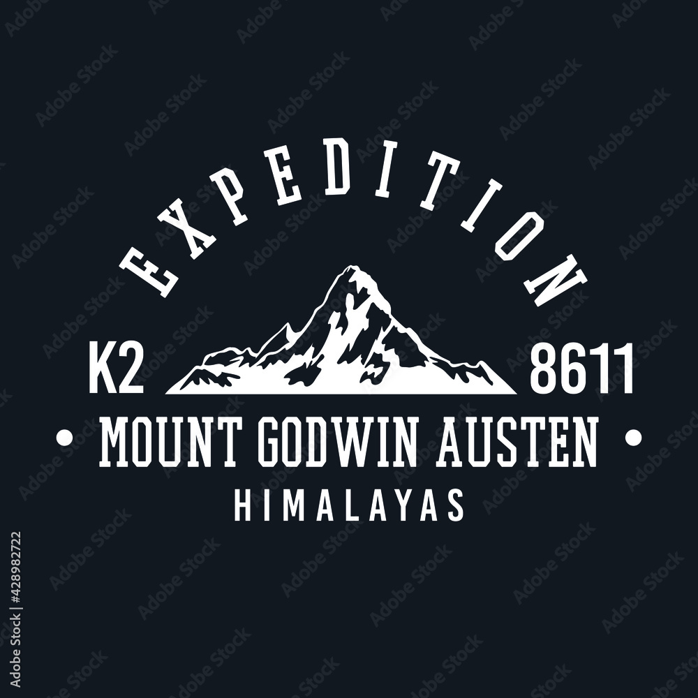Mount K2 Glacier, Himalayas Badge design. Expedition Base camp vector design. College style Apparel illustration.