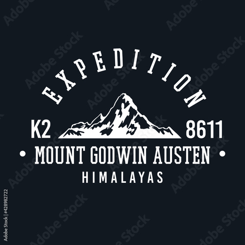 Mount K2 Glacier, Himalayas Badge design. Expedition Base camp vector design. College style Apparel illustration. photo