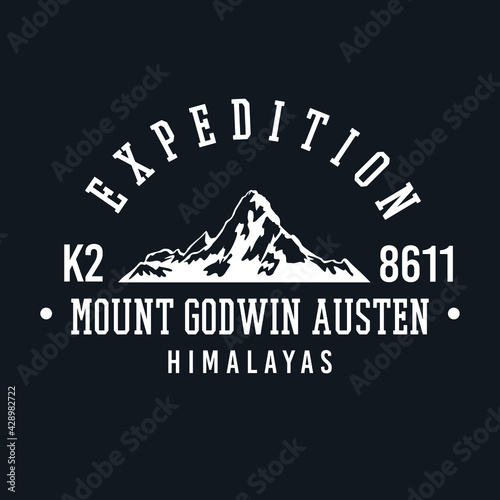 Mount K2 Glacier, Himalayas Badge design. Expedition Base camp vector design. College style Apparel illustration.