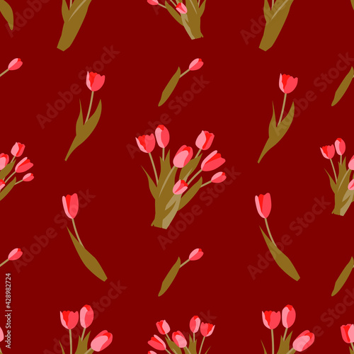 Spring seamless pattern with tulips on a red background. Vector floral background for invitation or greeting card.