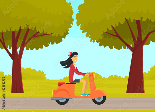 Female character riding scooter on road in city park. Woman drives orange moped on street outdoors