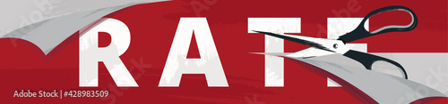 Rate cut vector horizontal banner template with a scissors cutting tax, hourly, interest rates as the metaphor of a costs reduce. Favorable lending terms. Business and finance. Economics and markets