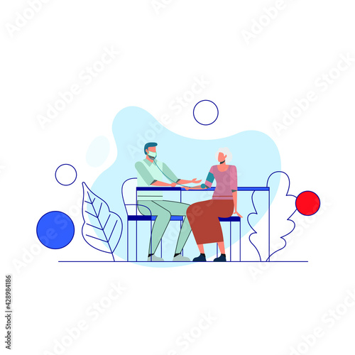 Vector flat image of a male doctor taking care of an elderly patient taking blood pressure measurements at a table in a hospital office