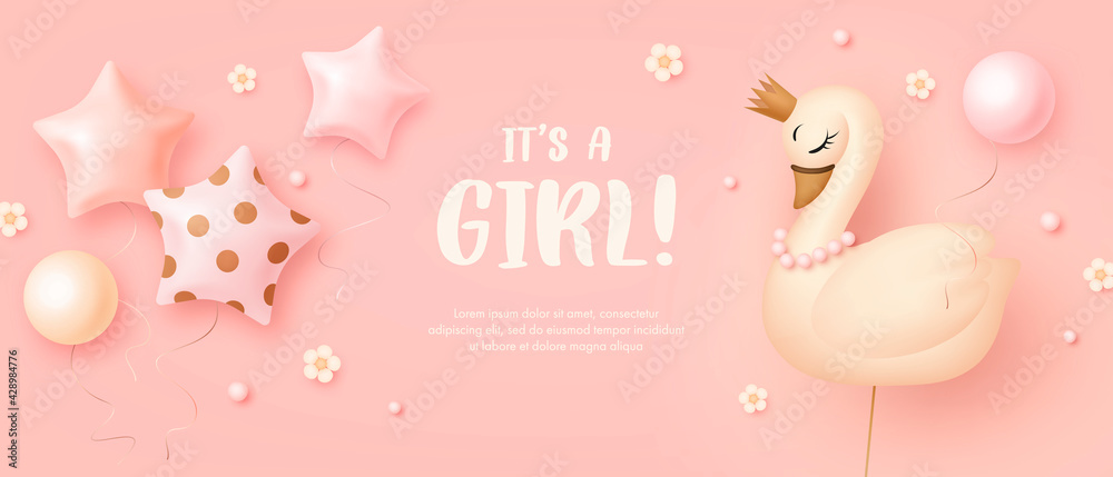 Baby shower horizontal banner with cartoon swan and helium balloons on pink background. It's a girl. Vector illustration