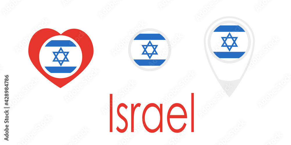 National flag of Israel, round icon, heart icon and location sign