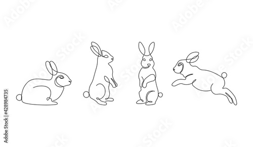 Easter bunny set in one line style. Minimalist rabbit icon. Simple bunny tattoo design, vector illustration
