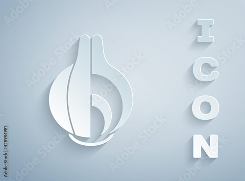 Paper cut Onion icon isolated on grey background. Paper art style. Vector