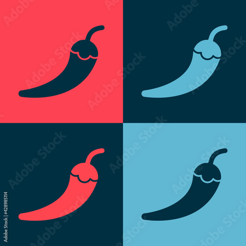 Pop art Hot chili pepper pod icon isolated on color background. Design for grocery, culinary products, seasoning and spice package, cooking book. Vector