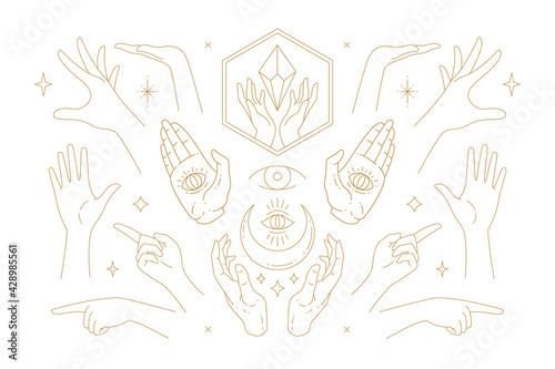 Female hands gestures collection of line art hand drawn style vector illustrations