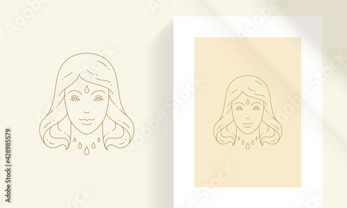 Magic female with necklace and bead on forehead line art style vector illustration.