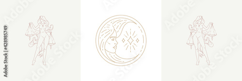 Magic woman face as moon crescent and female libra in boho linear style vector illustrations set.