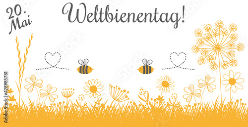 Welt Bienen Tag, am 20. Mai ist Weltbienentag, Blumenwiese in gelb mit Bienen