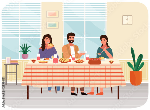 Group of people family or friends dining together at home. Characters eating mexican cuisine dishes