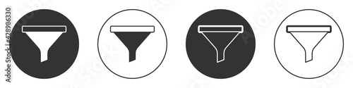 Black Funnel or filter icon isolated on white background. Circle button. Vector