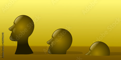 Three bust sculptures in a growing progression inside a surreal image. Vector illustration