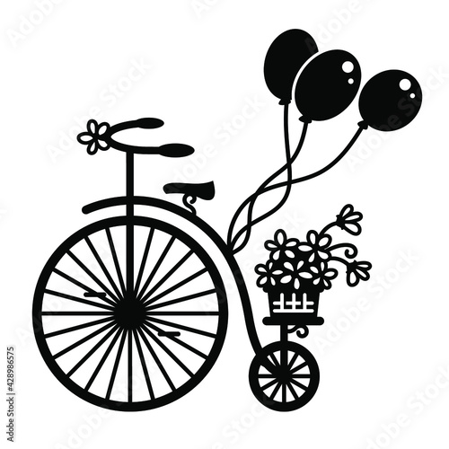 Vintage bicycle with flowers and ballons. Vector graphic illustration of old-style bike silhouette for print isolated on white