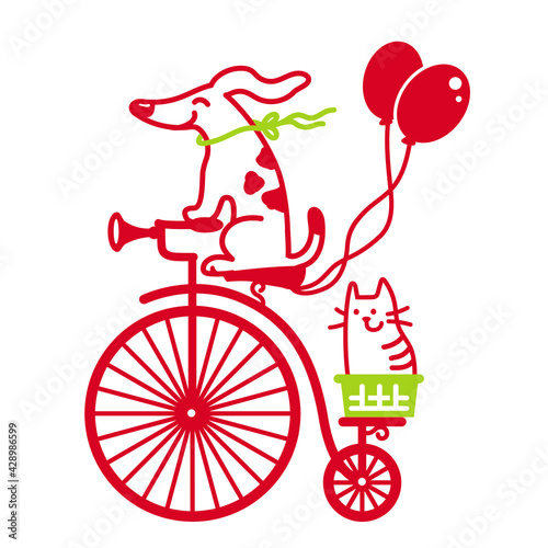 Cute dog and cat drive vintage bicycle. Vector color cartoons  illustration of old-style bike silhouette with dog, cat, flowers and ballons for print or design isolated on white