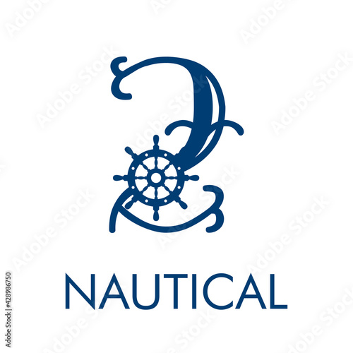 Logotipo con número 2 vintage con timón de barco y texto Nautical en color azul