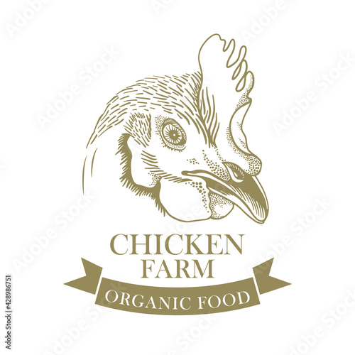 Chicken farm labels and design elements in hand drawn line style for your design. Silhouette of chicken and eggs 100%  organic food, natural product.