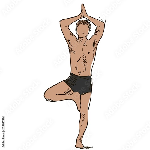 Vector man yoga pose vrksasana exercise illustration