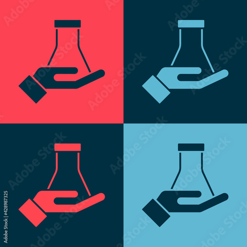 Pop art Test tube and flask chemical laboratory test icon isolated on color background. Laboratory glassware sign. Vector