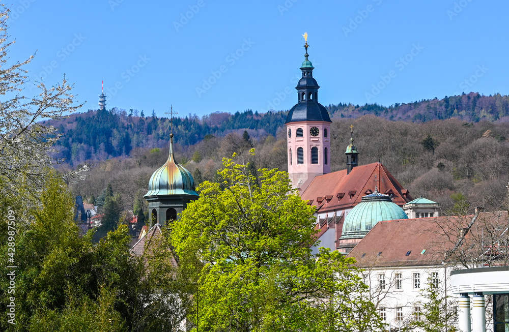 View of the collegiate church in Baden Baden.  Baden Wuerttemberg, Germany, Europe