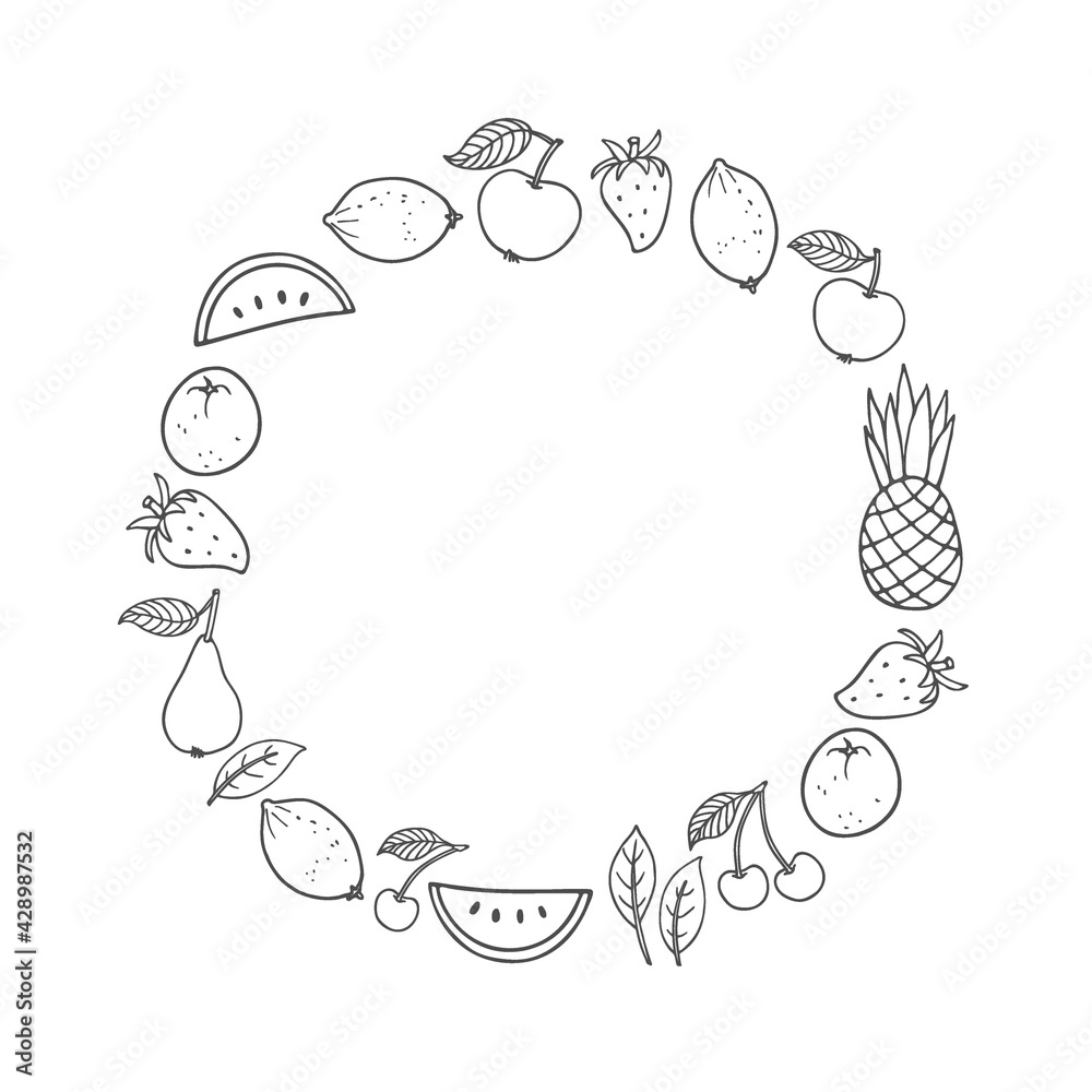 Fruit frame linear sketch. Round seasonal fruit border. Farmers Market Menu Design. Healthy food poster. Hot season tropical background for banner, coupon, menu, advertizing. Fruit frame linear sketch. Round seasonal fruit border. Farmers Market Menu Design. Healthy food poster. Hot season tropical background for banner, coupon, menu, advertizing.
