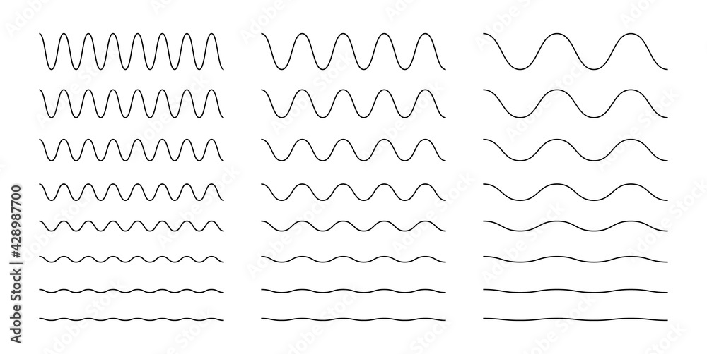 Collection of wavy or zigzag lines. Horizontal thin lines wave. Dotted line. Big set black color. Vector illustration.