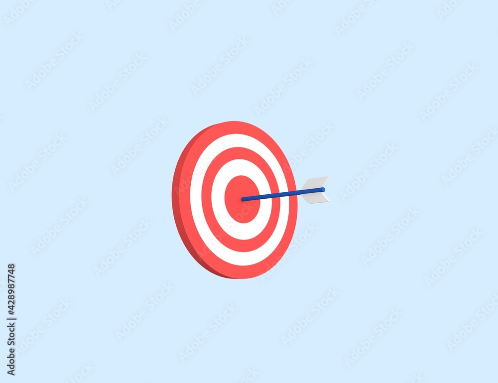 Business symbol target and arrow in the center. 3D render design isolated blue background.