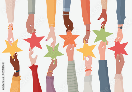 Customer feedback concept. Hand giving a star to another hand.Customer service Rating concept.Opinion and evaluation of the consumer or customer on quality and assistance.Rating.Survey