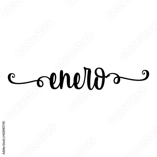 Banner con texto manuscrito enero escrito a mano en español con florituras en color negro