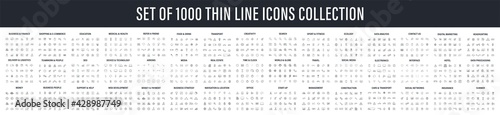 Big set of 1000 thin line Web icon. Business, finance, shopping, logistics, medical, health, people, teamwork, contact us, arrows, electronics, social media, education, management, creativity. Vector.