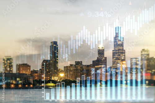 Double exposure of virtual creative financial diagram on Chicago office buildings background  banking and accounting concept