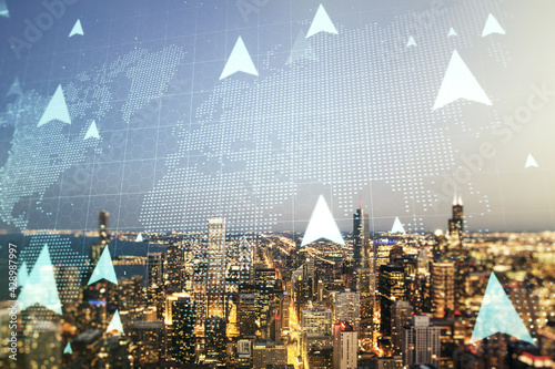 Abstract virtual GPS locator sketch with world map on Chicago cityscape background, monitoring and tracking concept. Multi exposure