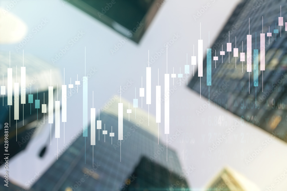 Double exposure of abstract financial diagram on office buildings background, banking and accounting concept Double exposure of abstract financial diagram on office buildings background, banking and accounting concept