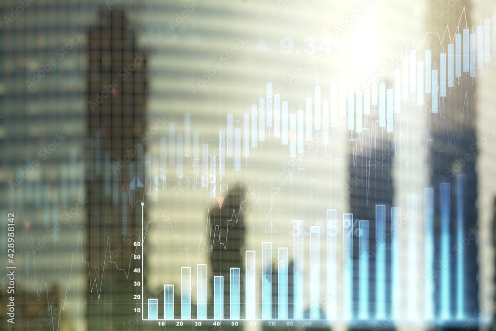 Double exposure of abstract financial diagram on office buildings background, banking and accounting concept Double exposure of abstract financial diagram on office buildings background, banking and accounting concept