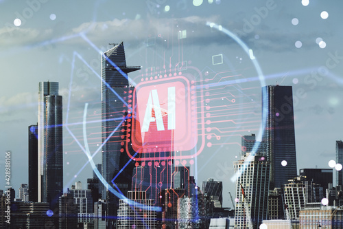 Double exposure of creative artificial Intelligence abbreviation hologram on Manhattan office buildings background. Future technology and AI concept