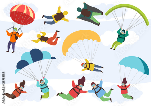 People are engaged in extreme parachuting. Free fall characters. Extreme parachute skydivers, male and female parachutists.