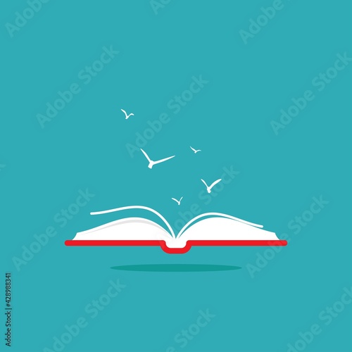 Open book with white birds flying out. Isolated on white background.