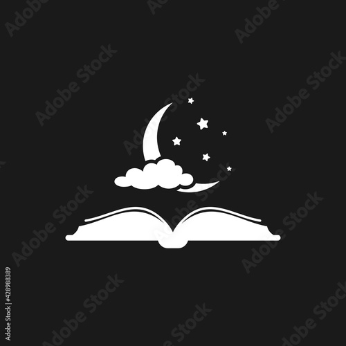 Fairytale bedtime reading concept. Open book with half moon, stars and cloud.
