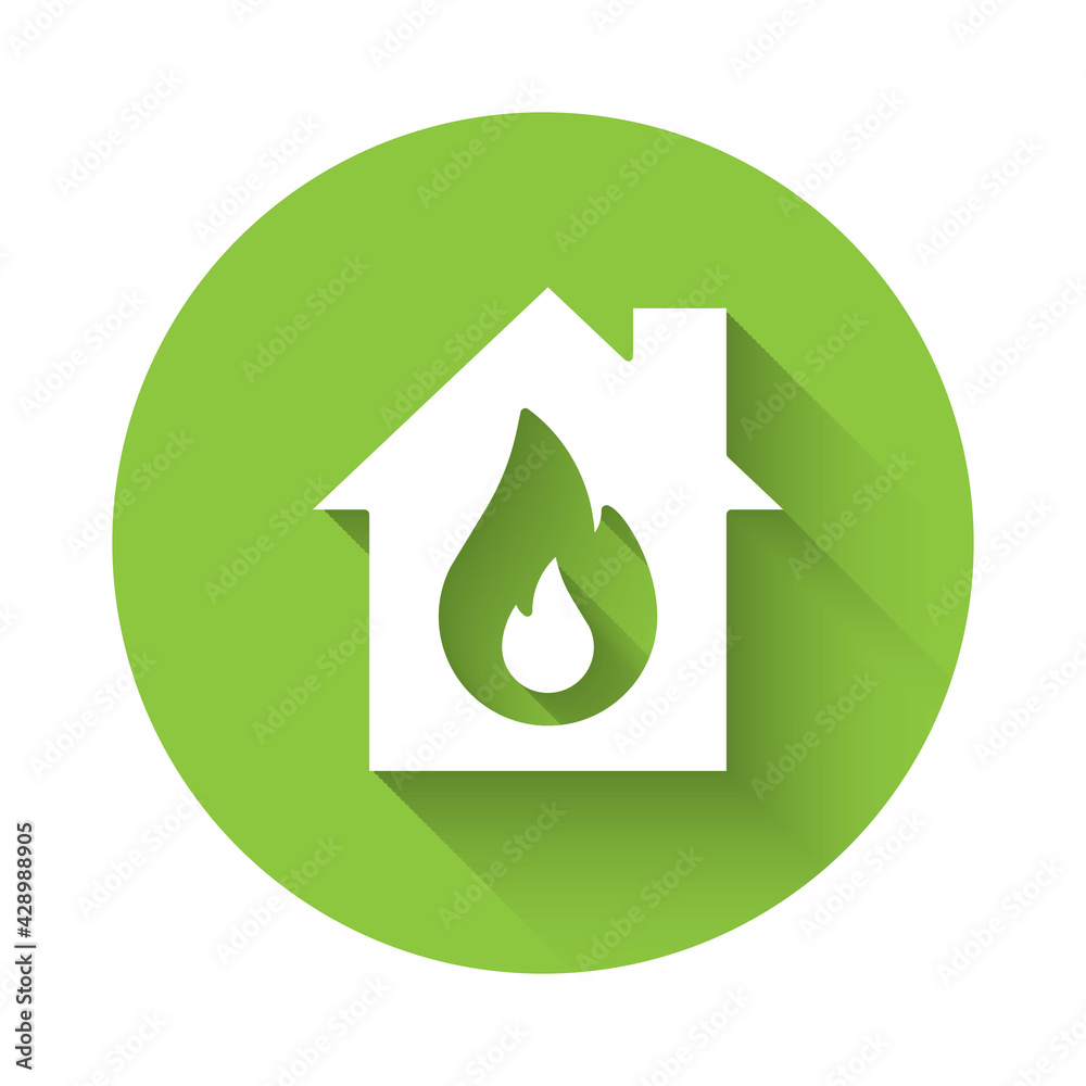 White Fire in burning house icon isolated with long shadow. Green circle button. Vector White Fire in burning house icon isolated with long shadow. Green circle button. Vector