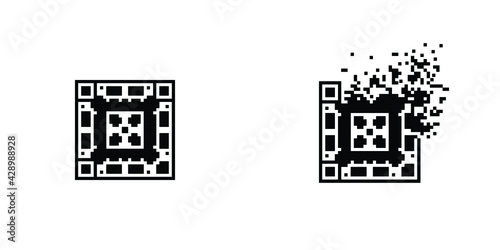 Ornamental Qr code 8 bit dispersed filled rectanlge, illustration for graphic design, colors: black and white