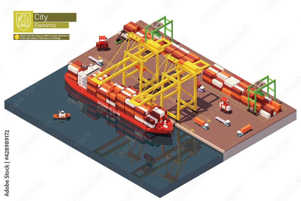 Vector isometric industrial cargo port. Container terminal with cranes, container carrier ship and warehouse. Vessel unloaded by gantry cranes