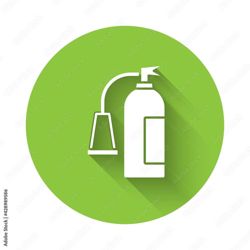 White Fire extinguisher icon isolated with long shadow. Green circle button. Vector White Fire extinguisher icon isolated with long shadow. Green circle button. Vector
