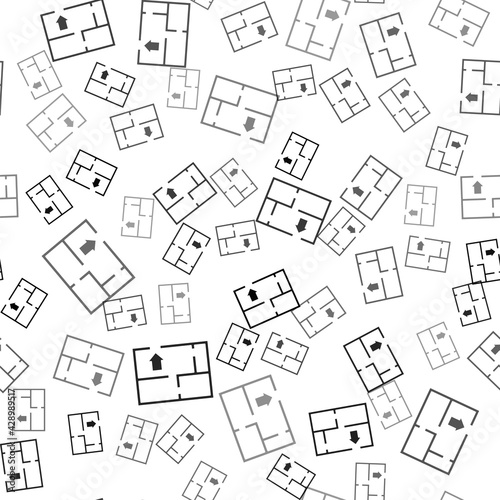 Black Evacuation plan icon isolated seamless pattern on white background. Fire escape plan. Vector