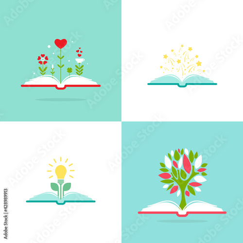 open book with green tree, stars, hearts and bulb. Flat illustrations set.