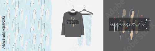 Seamless pattern and illustration set with neutral abstract floral shapes, Appeasement text