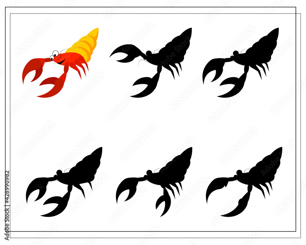 Puzzle game for kids find the right shadow. Choose a shade for the sea creatures hermit crab. vector isolated on a white background Puzzle game for kids find the right shadow. Choose a shade for the sea creatures hermit crab. vector isolated on a white background
