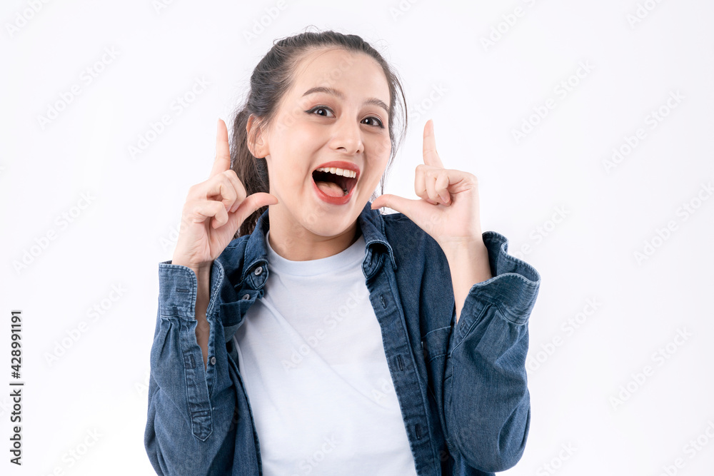 portrait of cheerful smile asian female woman wear casual cloth smile laugh gesture hand with happiness and joyful expression white background portrait of cheerful smile asian female woman wear casual cloth smile laugh gesture hand with happiness and joyful expression white background